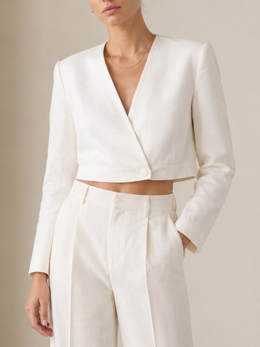 Zara Linen Blend White Cropped Blazer Padded Shoulders Jacket Sz. XS